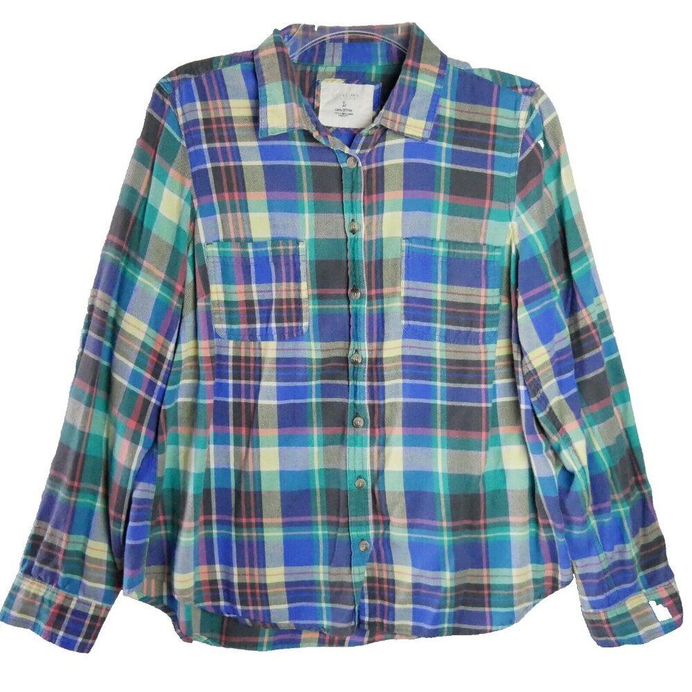 Sonoma Womens Size L Plaid Flannel Shirt Long Sleeve 100% Cotton Blue Multicolor